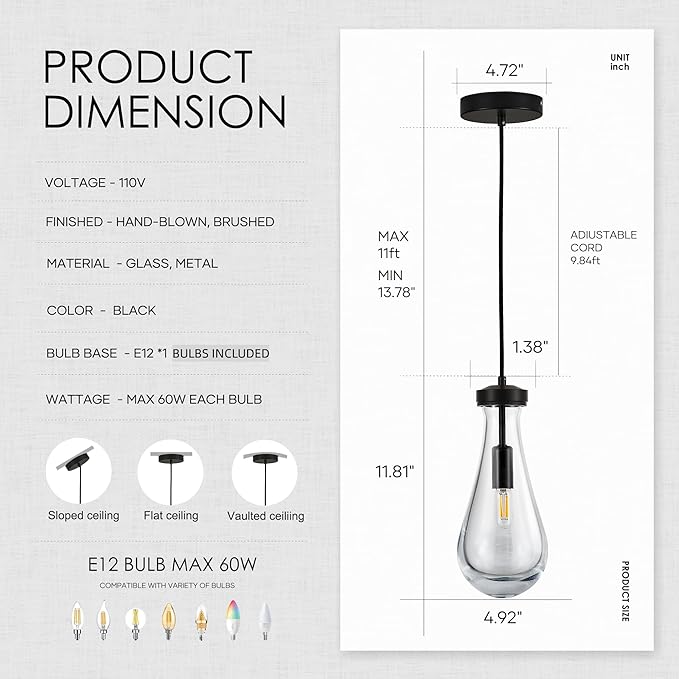Raindrop Pendant Light Fixtures Set of 3, Clear Solid Glass Pendant Lighting, Teardrops Modern Hanging Light for Entryway Foyer Kitchen Island Dining Room Porch Corridor