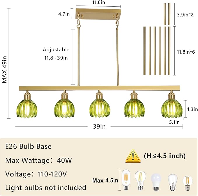 5-Lights Modern Chandeliers for Dining Room, Gold Pendant Light Fixtures with Green Flower Shade, Entryway Chandelier Pendant Lighting for kitchen island, Linear Hanging Dining Room Light Fixture