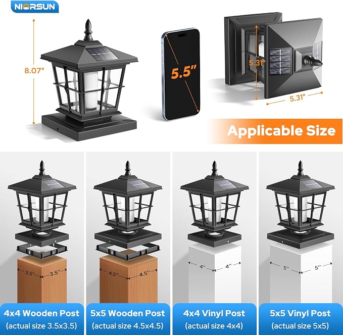 NIORSUN Solar Post Lights Outdoor, Fence Post Solar Lights with Flickering Flame Light, Waterproof, Garden Patio Fence Deck Decor, 4x4 Posts Caps, 4x4, 5x5 Wooden & Vinyl (2 Pack, Black)