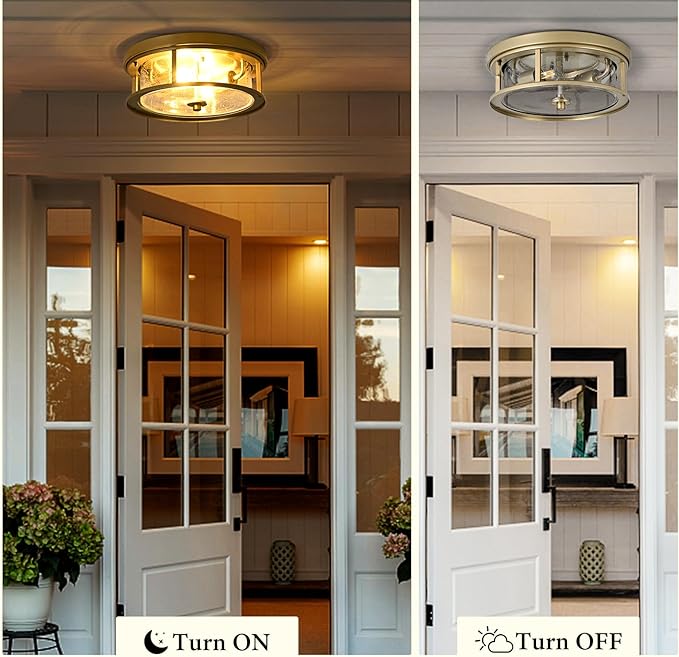 Gold Flush Mount Ceiling Light Fixture with Glass Brass Ceiling Light Fixture for Bedroom, Indoor Outdoor Ceiling Lights for Porch Hallway Kitchen