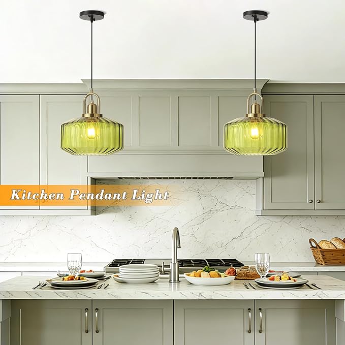 11.8in Mid Century Modern Green Glass Pendant Light Fixture, Large Gold Kitchen Island Pendants Light Glass Ceiling Hanging Lamp for Foyer Dining Room Bedroom Entryway Hallway Over Sink