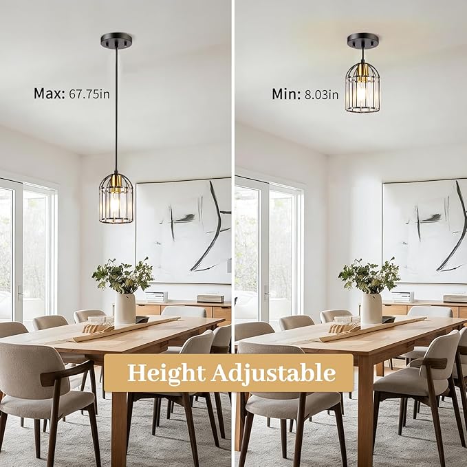TALOYA Pendant Lights Kitchen Island Black, Crystal Pendant Light Modern for Dining Room, Height Adjustable Chandelier Hanging Island Light Fixtures for Kitchen Hallway(Bulb Not Included)