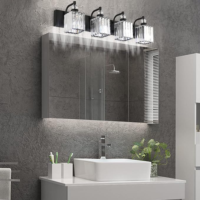 Ralbay Black Crystal Vanity Light 4 Light 31.5''Modern Matte Black Bathroom Wall Light Fixtures Over Mirror Bathroom Vanity Lights