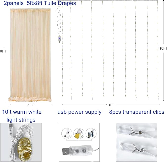 Champagne Tulle Backdrop Curtain with Lights, Elegant Sheer Photo Backdrop Drapes, Soft Fabric Curtain for Weddings Brithday Baby Shower Parties Photography Background Decor, 10ftx8ft
