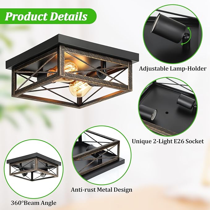 Oil Rubbed Bronze Hallway Light Fixtures Ceiling, 2-Light Farmhouse Industrial Flush Mount Ceiling Lights, 2-Pack Metal Kitchen Light Fixtures, Close to Ceiling Lights for Bedroom Living Room Entryway