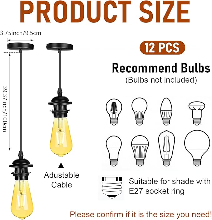 12 Pack Industrial Mini Pendant Light Kit Bulk, UL E26/E27 Lamp Socket 3.28 ft Adjustable Hanging Light Cord Kit Edison Vintage Retro Ceiling Lamp Fixture for Kitchen Bar Decor(Black)