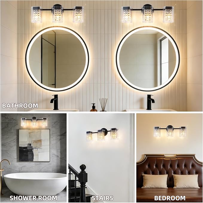 Modern Crystal Vanity Lights, 3-Light Black Bathroom Light Fixtures with Clear Shades, Bathroom Lighting Fixtures Over Mirror Wall Light for Hallway, Decoration,Bedroom（Exclude Bulb）
