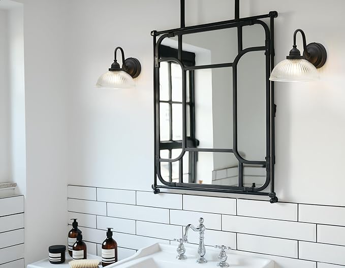 Yosoan Boho Brass Vintage Wall Sconce with Striped Bowl Shade, 1-Light Indoor Hardwired Modern Vanity Industrial Single Wall Mounted Clear Texture Glass for Living Room Kitchen Bedroom(Black)