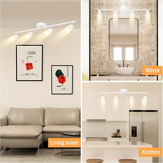 BoostArea 4-Light Bathroom Light Fixtures, White Modern Vanity Wall Lights with Clear Glass Shade, Flexibly Ceiling Light for Mirror Kitchen Living Room Hallway Cabinet Porch