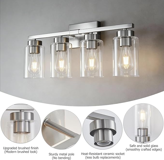 4-Light Bathroom Light Fixtures, Nickel Modern Vanity Lights Over Mirror, Bathroom Wall Sconces with Clear Glass Shade for Living Room Bedroom Hallway Cabinet Porch