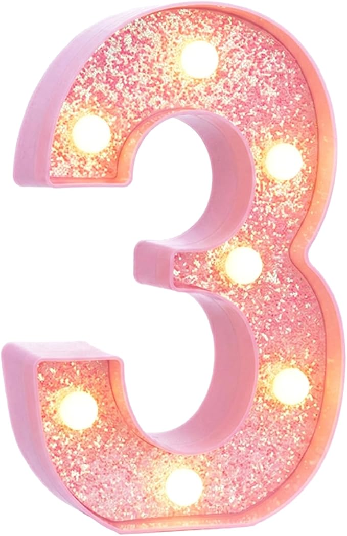 Pink Light Up Marquee Numbers, Glitter LED Number Lights Signs Battery Operated for Girls 3rd 13th 23rd Pink Birthday Party Table Decorations, 8 Inch Tall Number 3 with Warm White Lights