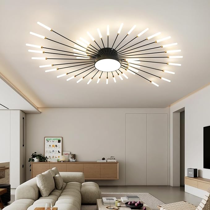 ziidoo Modern Ceiling Light, 42+1 Lights Metal Firework Designed Chic Led Lighting Fixture for Farmhouse Kitchen Dining Room Bedroom Hallway Living Room (Black)
