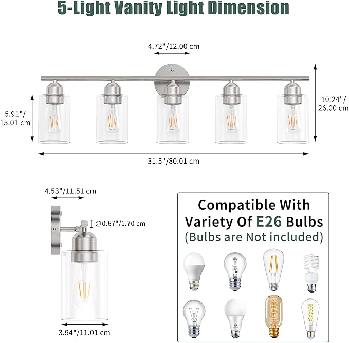 Espird Bathroom Vanity Light Fixtures Brushed Nickel Bathroom Lighting Fixture, 5 Lights Bathroom Light Fixture Over Mirror, Modern Black Vanity Light, Wall Sconces with Glass Shades