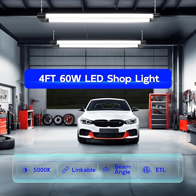 hykolity 4 Pack LED Shop Lights 4FT,60W (350W Equivalent), 6500 Lumens, 5000K Daylight White, Linkable Shop Lights for Garage & Workshop, Plug and Play with Hanging/Surface Mount Kit, Black