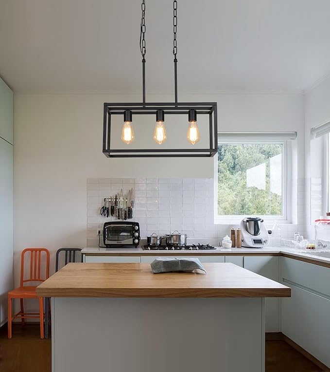 AMZASA 3-Light Black Linear Chandelier Modern Rectangle Farmhouse Dining Room Light Fixture for Kitchen Island Bar UL Listed