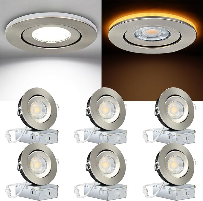 KnLnny Ware Brushed Nickel 4 Inch Recessed Lights with Night Light 6 Pack,Ajustable Recessed Lights,spot Lights Indoor with Junction Box,5CCT Selectable,9W 750LM,Dimmable