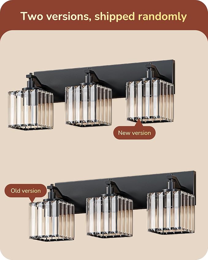 EDISHINE Bathroom Vanity Light Fixtures, 3-Light 20.47'' Crystal Bathroom Lighting Fixtures Over Mirror, Modern Wall Sconce for Powder Room, Bedroom, E26 Base, Black