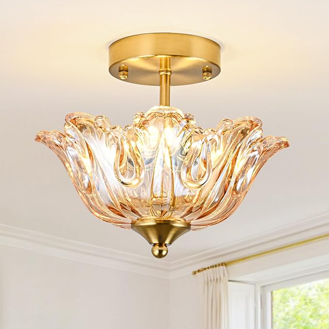 Semi Flush Mount Ceiling Light, Gold Vintage Light fixtures with Floral Amber Glass Shade, Modern Close-to-Ceiling Lighting for Bedroom Kitchen Living Room Hallway