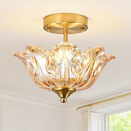 Semi Flush Mount Ceiling Light, Gold Vintage Light fixtures with Floral Amber Glass Shade, Modern Close-to-Ceiling Lighting for Bedroom Kitchen Living Room Hallway