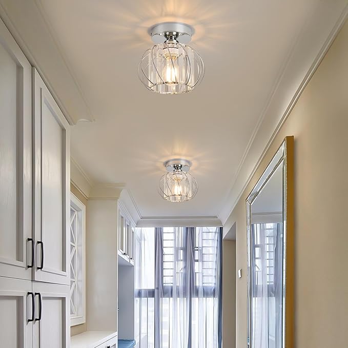 Semi Flush Mount Crystal Ceiling Light, Metal Cage Hallway Ceiling Lamps, Farmhouse Ceiling Light Fixture, Industrial Crystal Chandelier for Corridor Bathroom Kitchen (1, Chrome, 7.5 Inch)