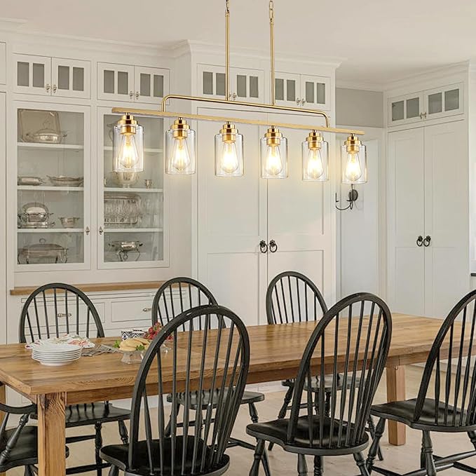 Dining Room Light Fixture - Brushed Gold 6-Light Farmhouse Chandelier Kitchen Island Lights Fixtures Modern Linear Chandeliers Hanging Pendant Lighting Over Table for Dining Room