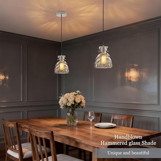 5.9“ Small Brushed Nickel Pendant Lights Kitchen Island, Hammered Glass Pendant Light Fixtures, Adjustable Mini Hanging Lights Kitchen Pendant Lighting over Island Sink Bathroom Dining Room Bedroom