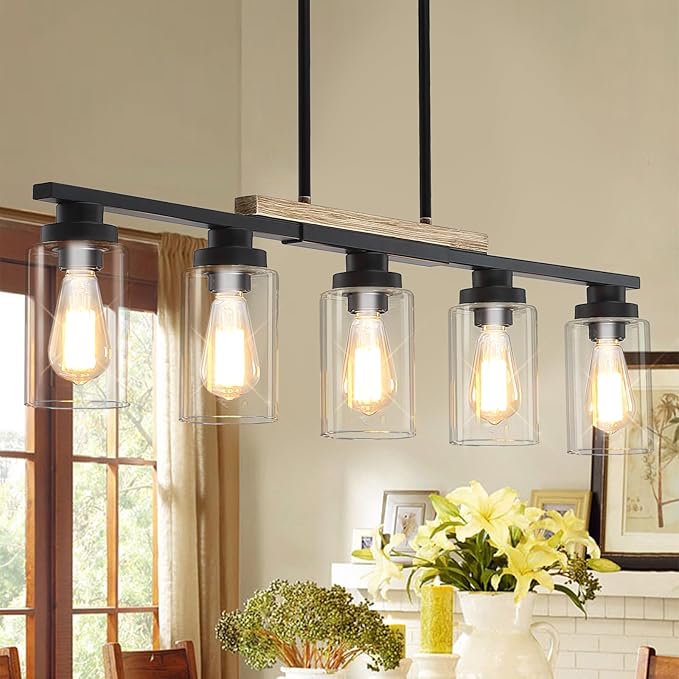 Yusist Farmhouse Kitchen Island Lighting,5-Light Dining Room Light Fixtures Over Table Linear Chandelier Pendant Lighting with Glass Shade and Adjustable Rods for Dining Table Living Room