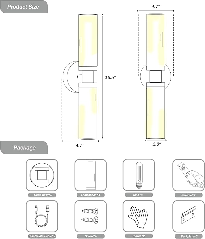10000mAh Wireless Wall Sconces Set of 2, Rechargeable Battery Operated Wall Lights Remote Control Black & Gold No Hardwired Timer Dimmable Glass Wall Sconce for Living Room Bedroom Entryway, 16.5 Inch