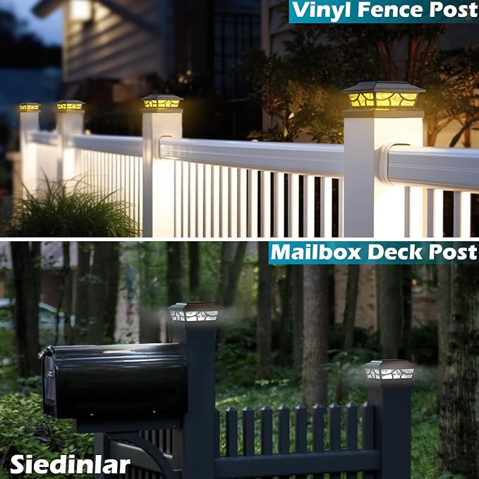SIEDiNLAR Solar Post Lights Outdoor 4 Modes Fence Deck Post Cap Light for 4x4 5x5 6x6 Vinyl Wooden Posts Garden Patio Decor, Warm White & Cool White Dynamic Lighting Black (8 Pack)