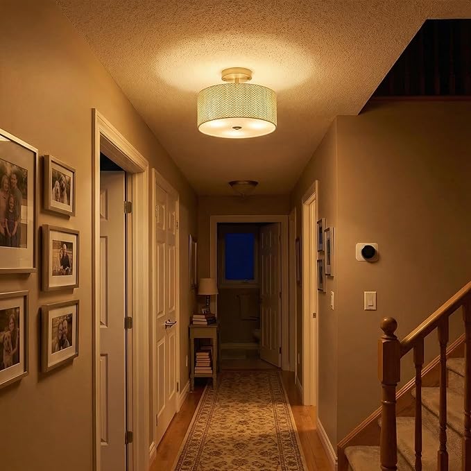 13" Boho Rattan-Style Semi Flush Mount Ceiling Light Fixture, 3-Light Modern Fabric Shade Drum Lamp, White Rustic Lighting for Bedroom, Kitchen, Dining Room, Living Room, Hallway, Entryway