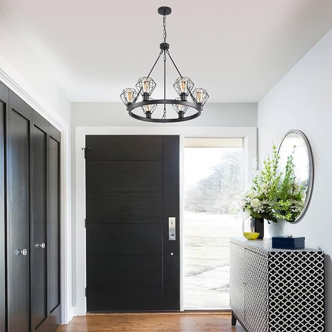 Wagon Wheel Chandelier Modern Farmhouse Pendant Light,Black Farmhouse Chandelier, 6-Light Wagon Wheel Chandelier with Adjustable Height, Dining Room Light Fixture, Hanging Lights