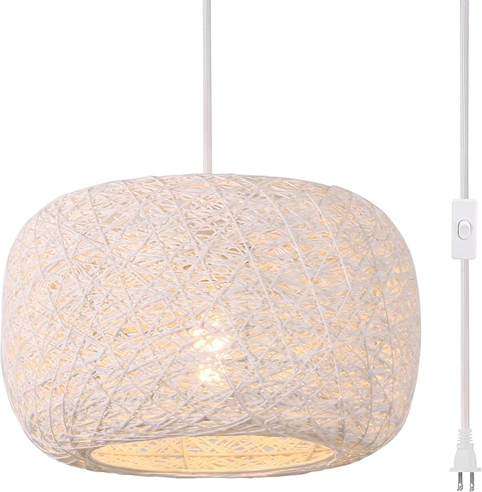Plug in Pendant Light with Woven Rattan Lampshade, 12” Boho Hanging Lamp with 15FT Cord & On/Off Switch, E26 Socket, Ceiling Hook Installation for Bedroom Living Room Dining Nook Apartment