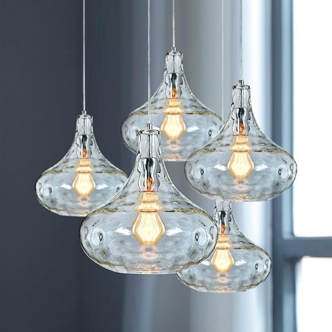 Farmhouse Vintage Glass Pendant Light with Handblown Hammered Shade - Adjustable Hanging Cord for Kitchen Island, Dining Room, Hallway - 11 Inch Chrome Ceiling Fixture