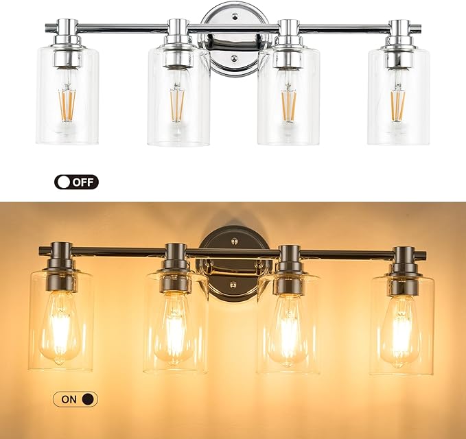 Bathroom Light Fixtures Wall Sconce Light with Clear Glass Chrome 4 Lights Bathroom Lighting Over Mirror Vanity Lights for Living Room,Bedroom,Restroom,Hallway E26 Base