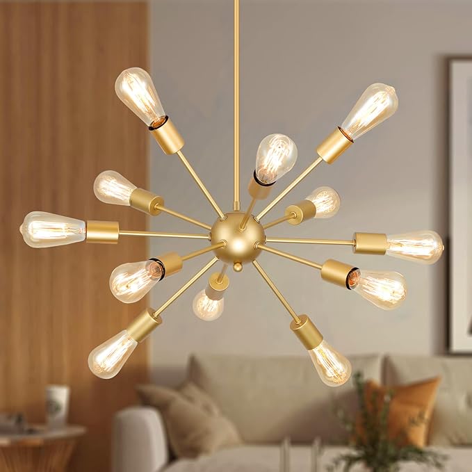 Gold Sputnik Chandelier, 12 Light Farmhouse Chandeliers for Dining Room Light Fixtures Over Table, Modern Ceiling Hanging Lighting for Living Dining Room, Kitchen Island, Entryway, Foyer