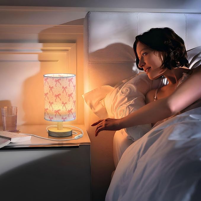 Aslsiy Coquette Ribbon on White Bedside Table Lamp Lovely Bow Nightstand Lamp Night Light Fabric Shade for Bedroom Living Room Home Office