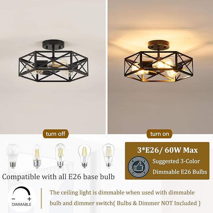 Modern Farmhouse Black Ceiling Light,Industrial Semi Flush Mount Ceiling Lighting Fixture,Hexagonal Lighting Fixtures for Kitchen,Bedroom,Foyer,Dining Room,Hallway,3-Light,14.6 Inch