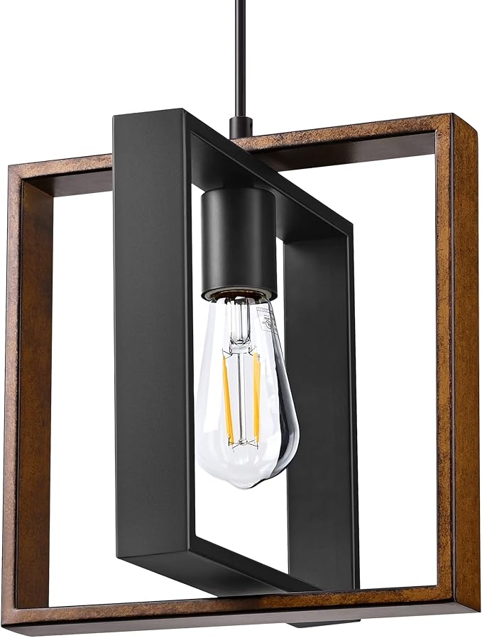 EDISHINE Farmhouse Pendant Light Fixture, Rustic Hanging Light Fixture with Wood Grain and Black Finish, Pendant Lighting for Kitchen Island, Dining Room, Hallway, Adjustable Cord