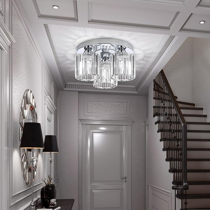 3-Light Glam Drum Chandelier Crystal Ceiling Light Fixture Kitchen Chandeliers with Clear Crystal for Bedroom Entrance Foyer Silver