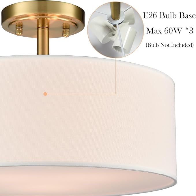 3-Light Gold Semi Flush Mount Ceiling Light Fixture, 15-Inch Drum Light Fixtures Modern Brass Close to Ceiling Light for Bedroom Hallway Living Room Kitchen