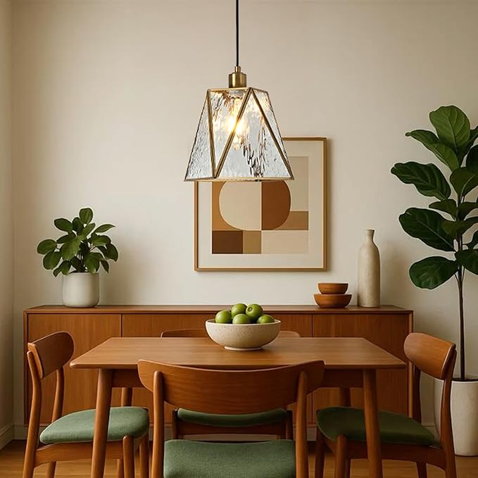 Milaii Copper Brass Pendant Light with Water Ripple Glass Lampshade 10.2" Geometric Glass Pendant Lighting Adjustable Hanging Lights Fixture for Kitchen Island Dining Room Hallway