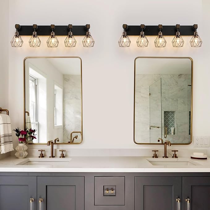 Black Gold Farmhouse Bathroom Light Fixtures, 5-Light Bathroom Lighting Fixtures Over Mirror, Rustic Wood Vanity Lights Wall Sconces with Metal Lampshade for Living Room