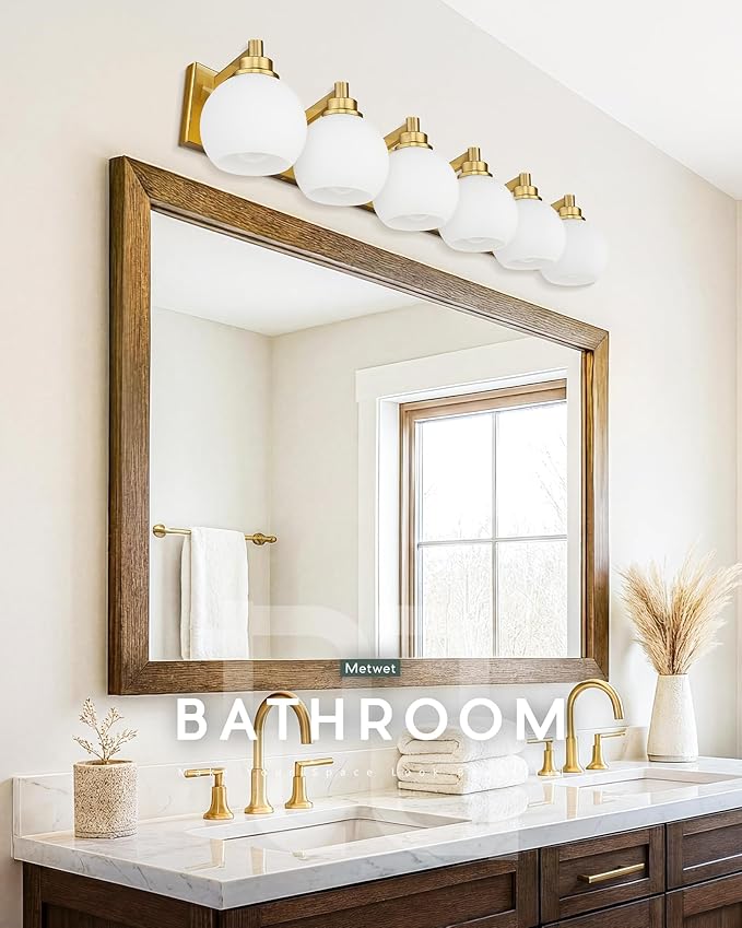 Bathroom Light Fixtures, 6-Light Brushed Gold Bathroom Vanity Lights Over Mirror with Globe Milk White Glass Shade, 38 Inch Modern Vanity Lighting Fixtures, VL195-BG-ML-6