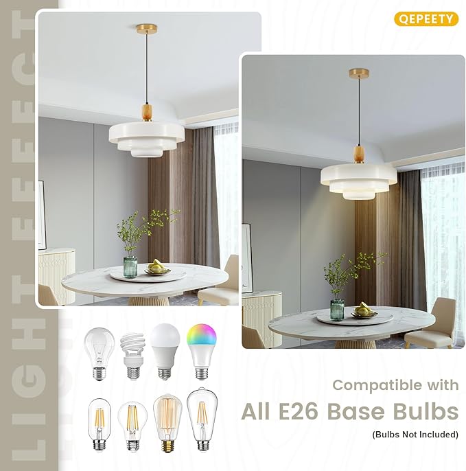 Mid Century Pendant Light with Wood & Brass, 3-Layer White Metal Shade, Nordic Flush Mount Ceiling Lamp for Kitchen Table Over Sink, Vintage Hanging Fixture