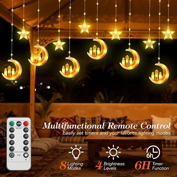 Lewondr Ramadan Curtain String Lights, 138 LED Moon Castle Star Fairy Lights with 6H Timer, 8 Modes, Remote Control, USB Powered Curtain String Light, Eid Mubarak Decorations for Ramadan Home, Orange