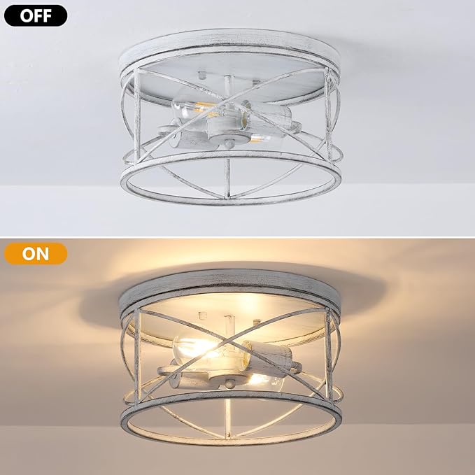 2-Light Flush Mount Ceiling Light Fixture, Industrial Modern White Ceiling Lamp, Vintage Farmhouse Light Fixture for Hallway, Bedroom, Dining Room, Living Room, Kitchen, Entryway