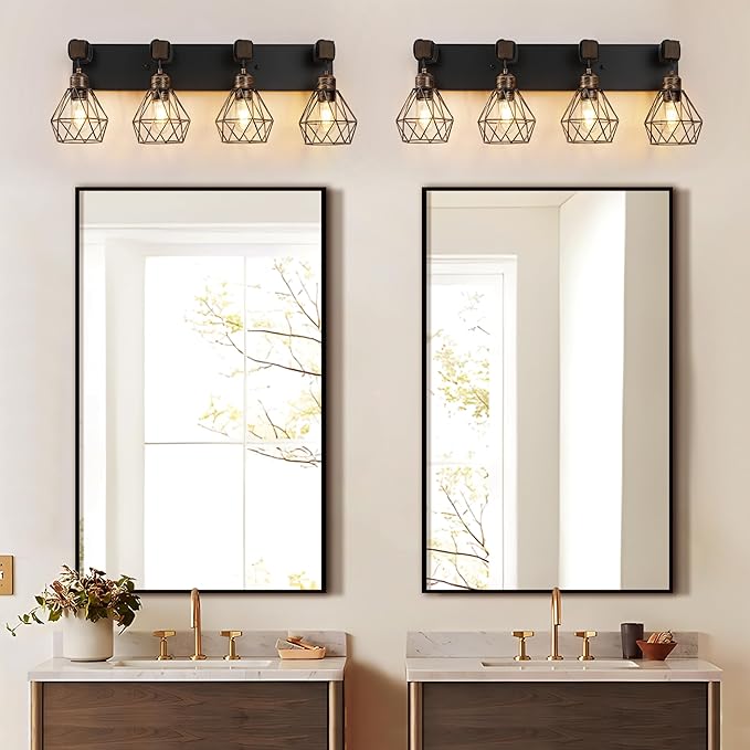 Farmhouse Bathroom Vanity Light Fixtures, 4-Light Black Gold Bathroom Light Fixtures Over Mirror, Rustic Wood Sconces Wall Lighting with Elegant Metal Lampshade for Living Room, Bedroom, Hallway