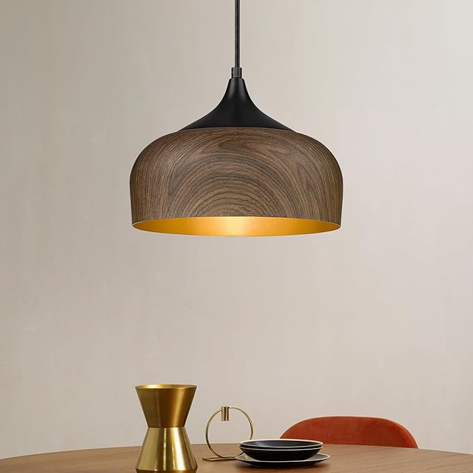 ELYONA Modern Pendant Light Walnut Wooden Pattern Dome Pendant Light Fixture Matte Black Metal Gold Inner Finish Adjustable Hanging Lighting for Kitchen Island Dining Room Office Hallway Foyer Bedroom