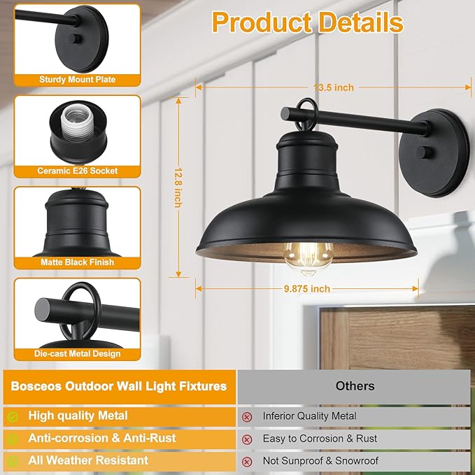Outdoor Wall Lights - 4-Pack Black Sconces, Farmhouse Barn Lights, Modern Indoor Wall Mount Lighting Fixtures with E26 Socket, Anti-Rust Waterproof Exterior Lantern for Patio Porch Doorway Garage