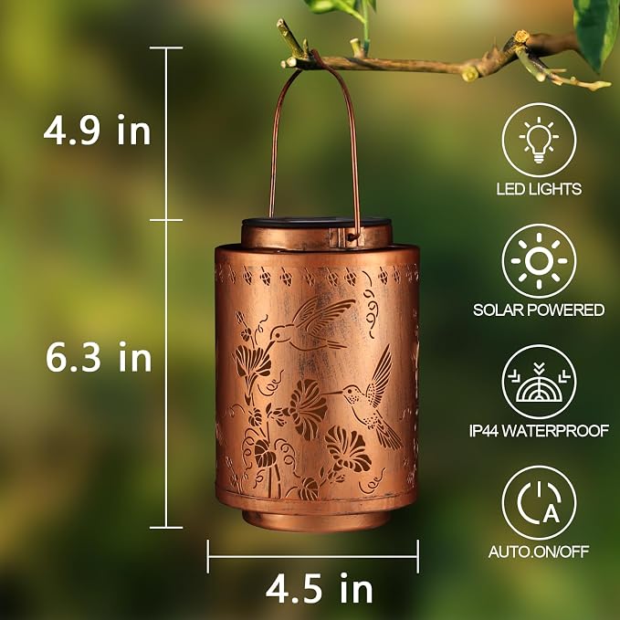 2 Pack Solar Lanterns Outdoor Waterproof Garden Decor Birthday Gifts for Women Mon Grandma Metal Hanging Solar Lights Decoration for Outside LED Lanterns for Yard Patio（Hummingbirds）